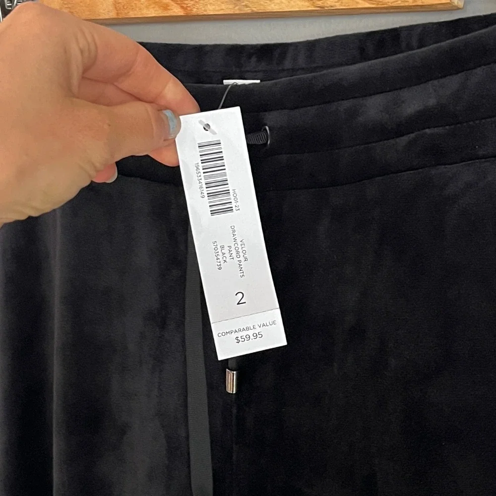 Chicos Weekends Velour Drawcord Pants Black Velvet Soft Lounge Size 2 Large NWT